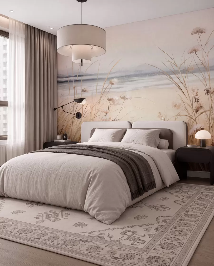 murais de parede Um campo de trigo com flores brancas em primeiro plano, uma praia e o oceano em segundo plano, cores pastel neutras e suaves w09298