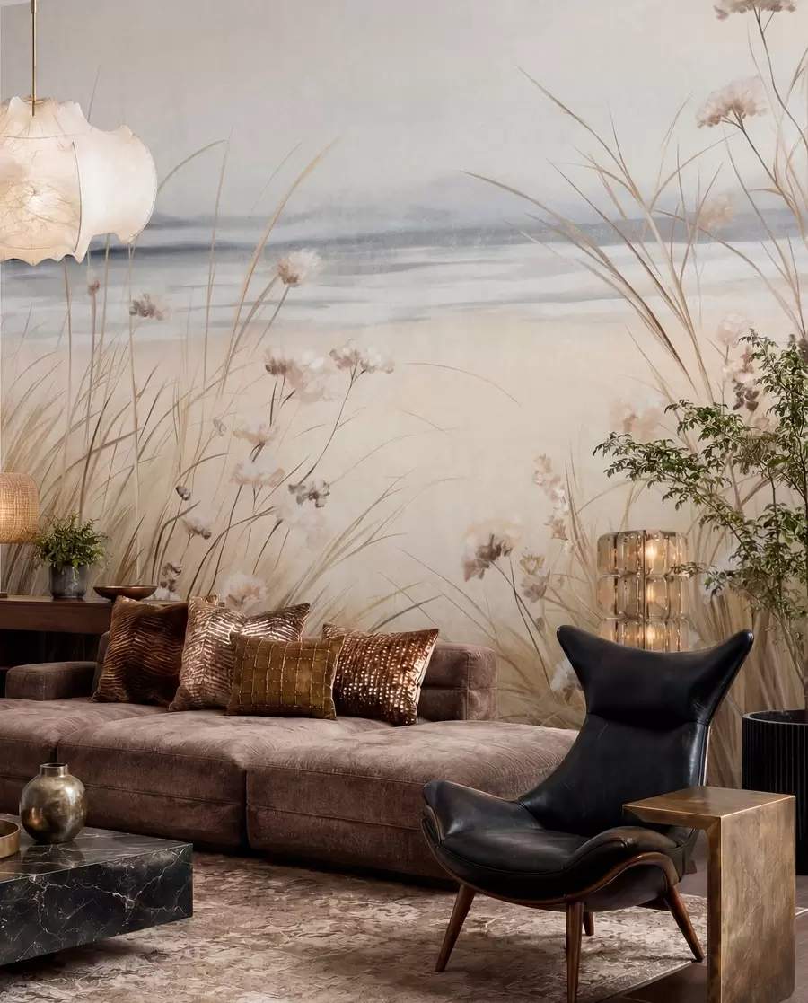 murais de parede Um campo de trigo com flores brancas em primeiro plano, uma praia e o oceano em segundo plano, cores pastel neutras e suaves w09298
