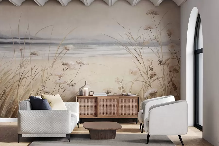 murais de parede Um campo de trigo com flores brancas em primeiro plano, uma praia e o oceano em segundo plano, cores pastel neutras e suaves w09298