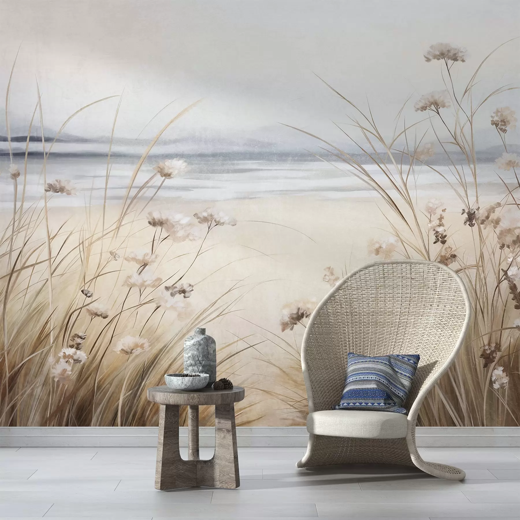 murais de parede Um campo de trigo com flores brancas em primeiro plano, uma praia e o oceano em segundo plano, cores pastel neutras e suaves w09298