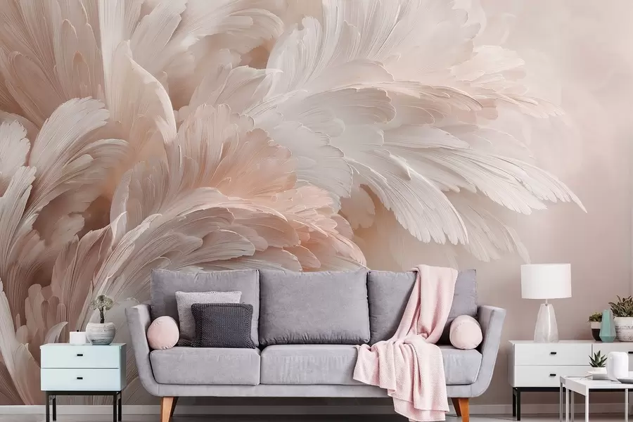 murais de parede Penas e pétalas arejadas em tons de rosa cremoso w09301