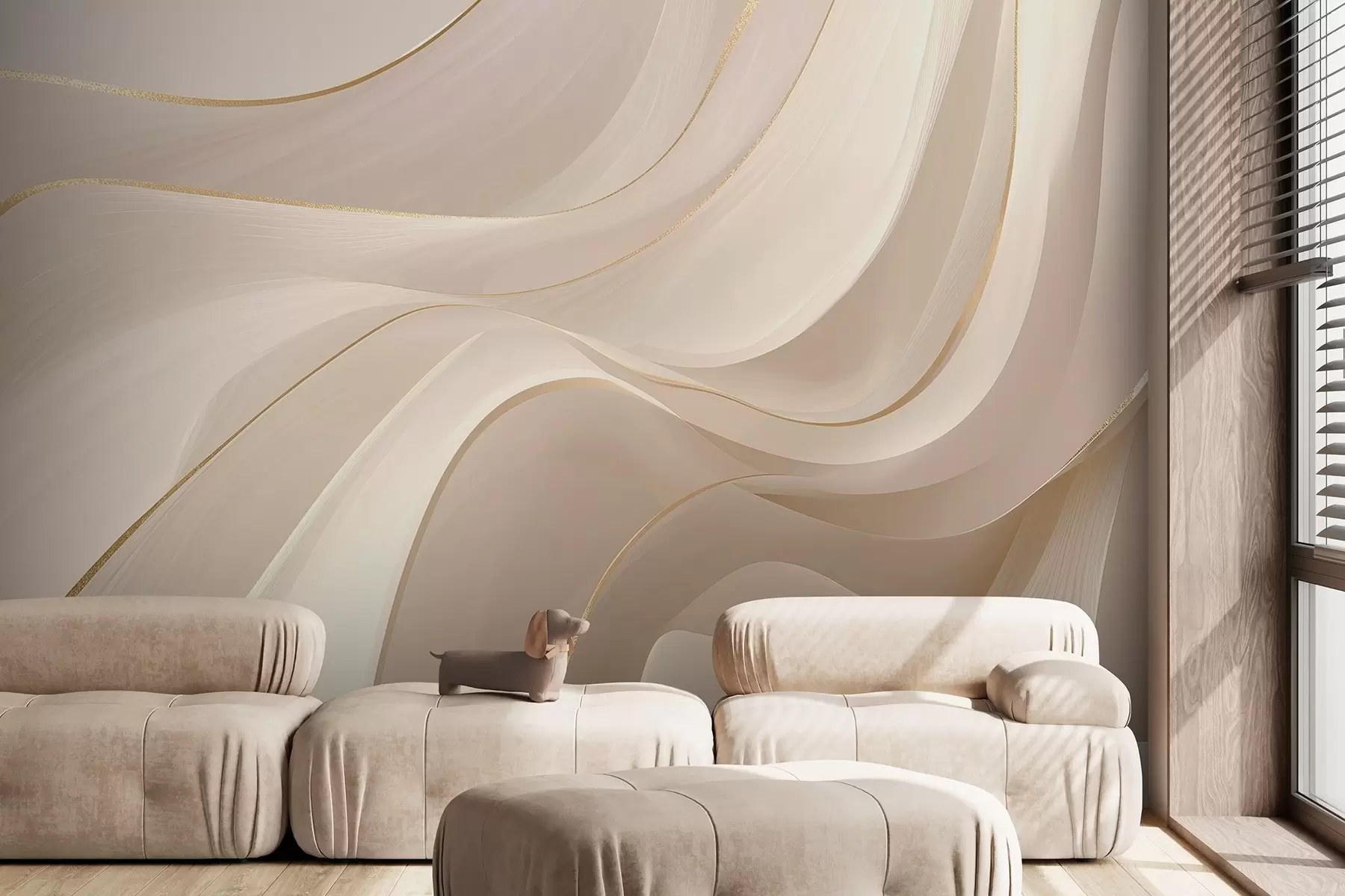 murais de parede Ondas fluidas com reflexos amarelos em luz cremosa w09303