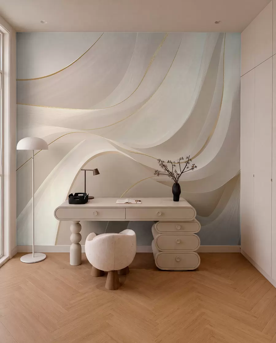 murais de parede Ondas fluidas com reflexos amarelos em luz cremosa w09303