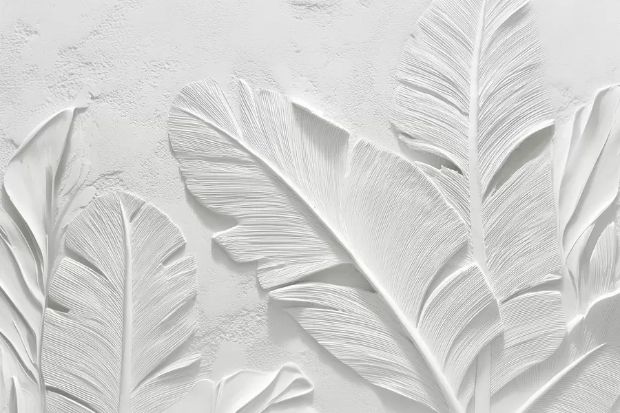 murais de parede Folhas cinzentas texturizadas sobre um fundo com falso relevo de gesso w09307