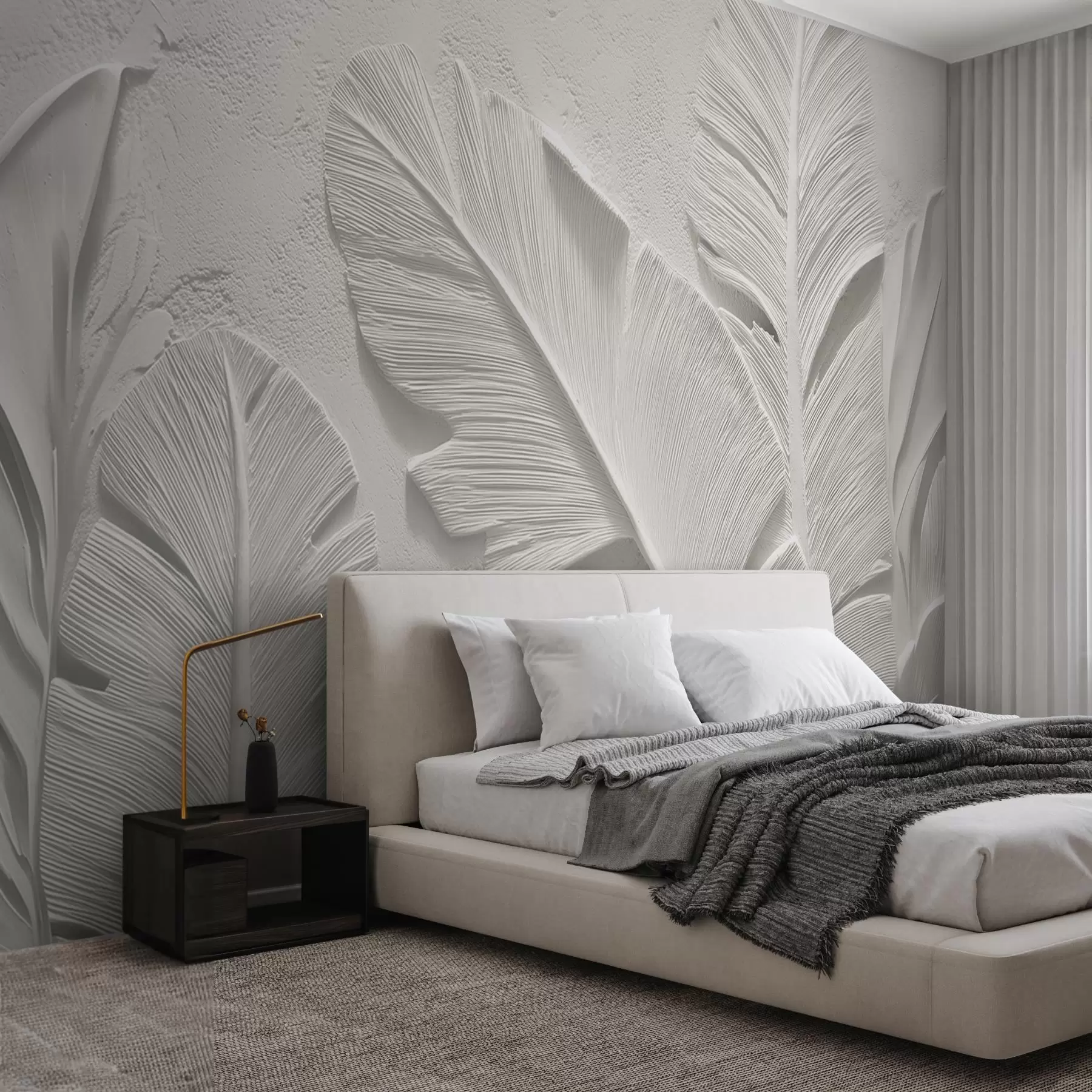 murais de parede Folhas cinzentas texturizadas sobre um fundo com falso relevo de gesso w09307