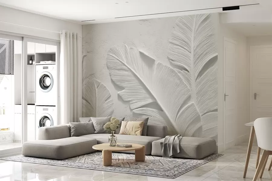 murais de parede Folhas cinzentas texturizadas sobre um fundo com falso relevo de gesso w09307