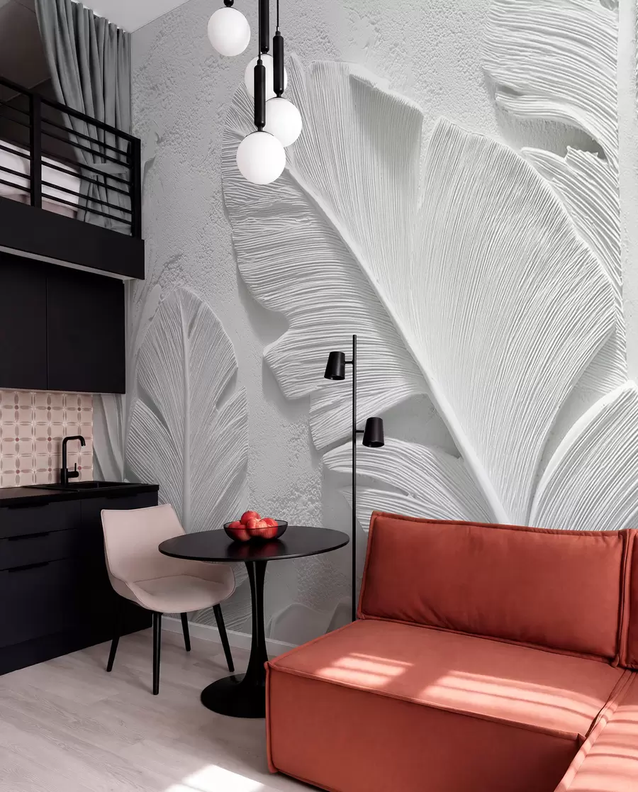 murais de parede Folhas cinzentas texturizadas sobre um fundo com falso relevo de gesso w09307