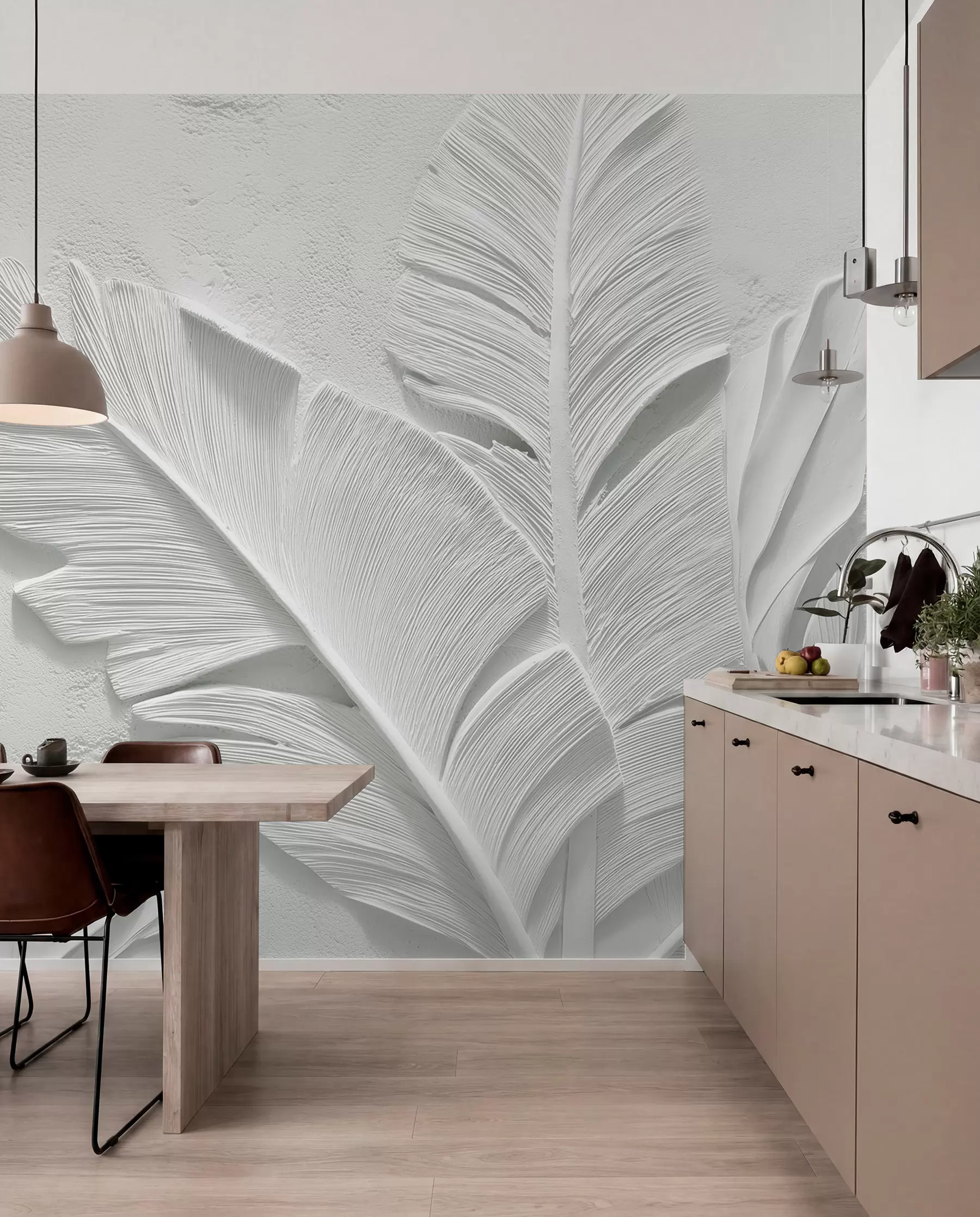 murais de parede Folhas cinzentas texturizadas sobre um fundo com falso relevo de gesso w09307
