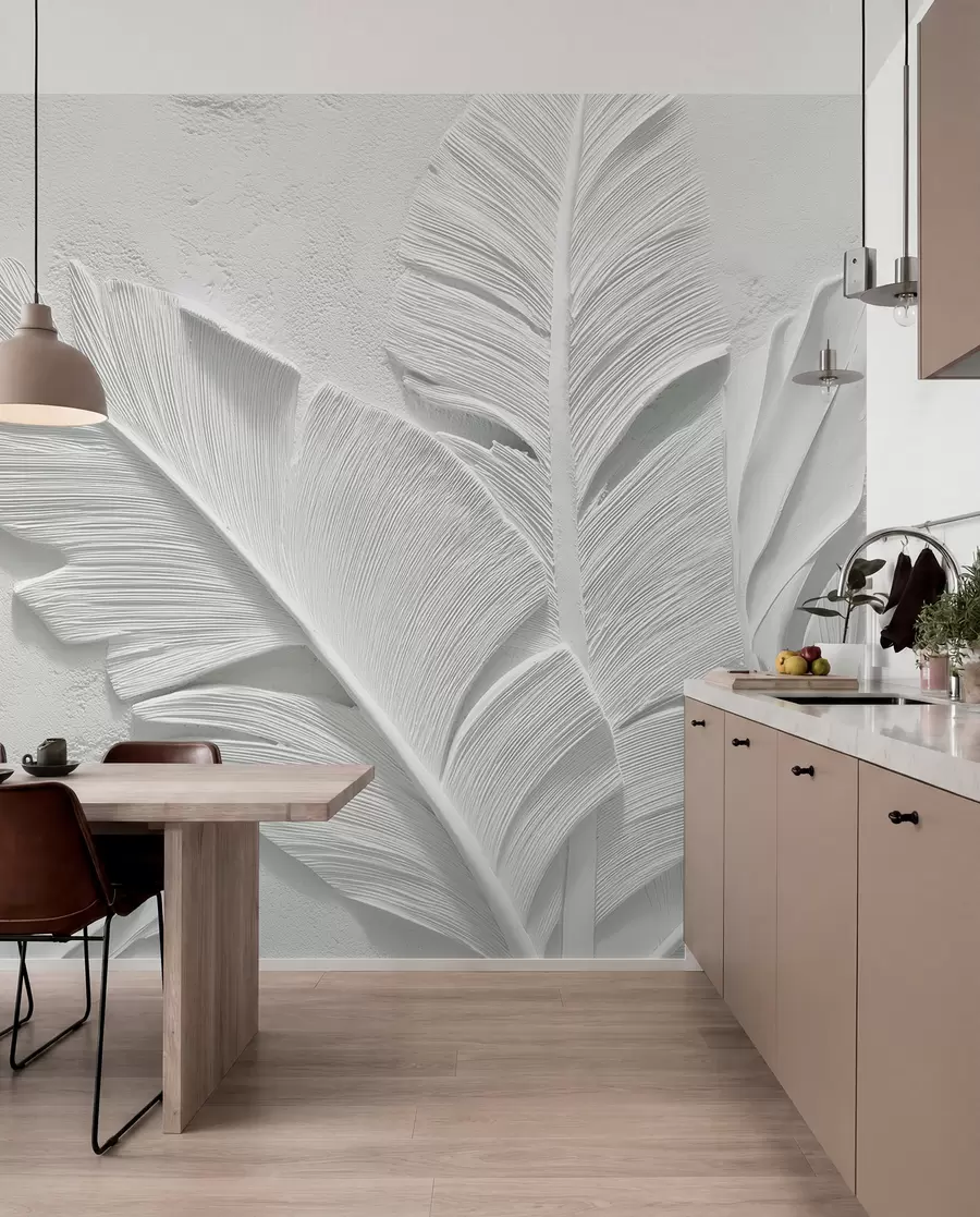 murais de parede Folhas cinzentas texturizadas sobre um fundo com falso relevo de gesso w09307