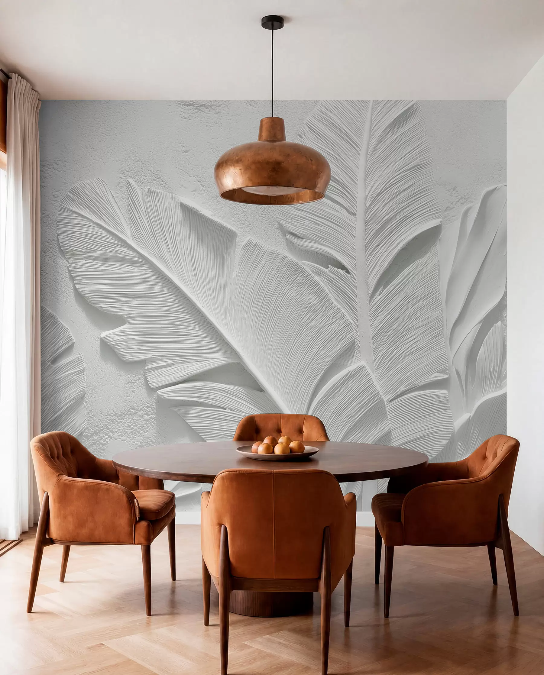 murais de parede Folhas cinzentas texturizadas sobre um fundo com falso relevo de gesso w09307