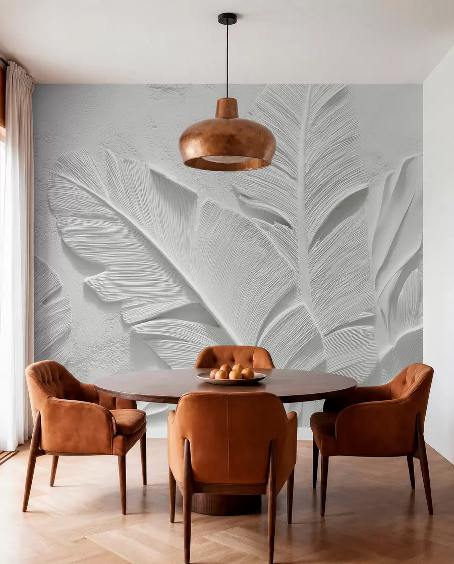 murais de parede Folhas cinzentas texturizadas sobre um fundo com falso relevo de gesso w09307