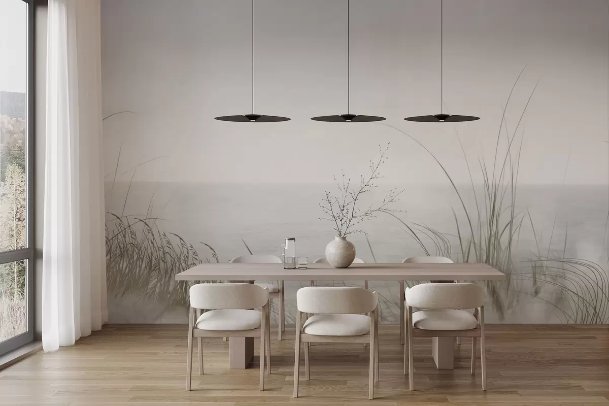 murais de parede Costa enevoada com ervas delicadas em primeiro plano w04339