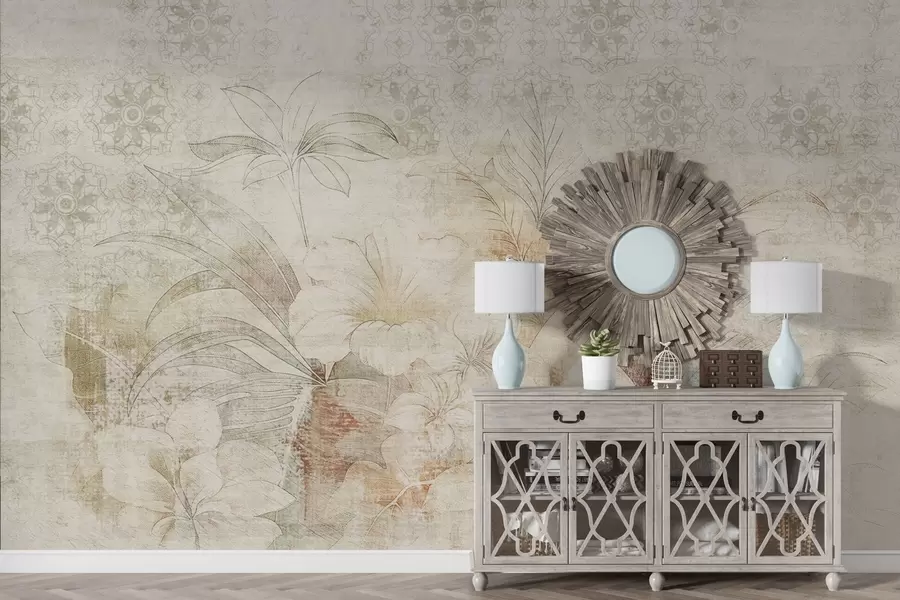 murais de parede Flores e folhas num fundo texturado com ornamentos w04343