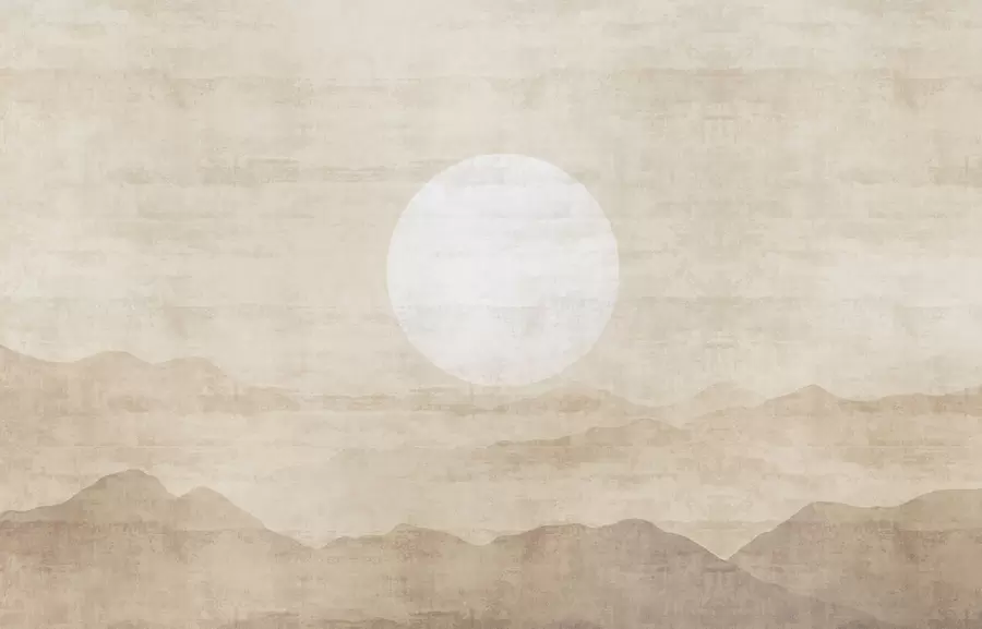 murais de parede Paisagem de montanha minimalista com um grande sol branco w04345