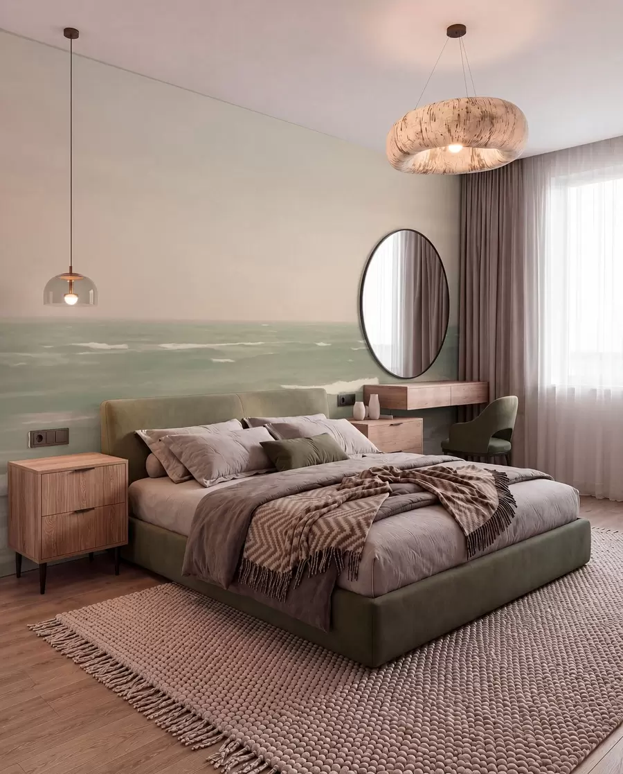 murais de parede Paisagem marítima verde-rosa suave com ondas suaves w04348