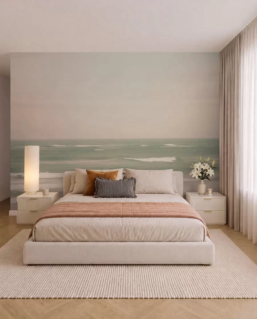 murais de parede Paisagem marítima verde-rosa suave com ondas suaves w04348