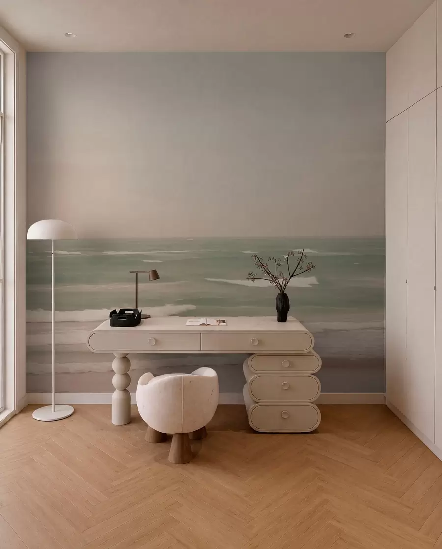 murais de parede Paisagem marítima verde-rosa suave com ondas suaves w04348