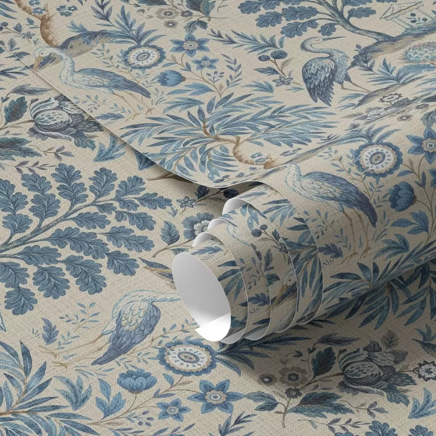 murais de parede Estilo Toile de Jouy com pássaros azuis e árvores tropicais a00382