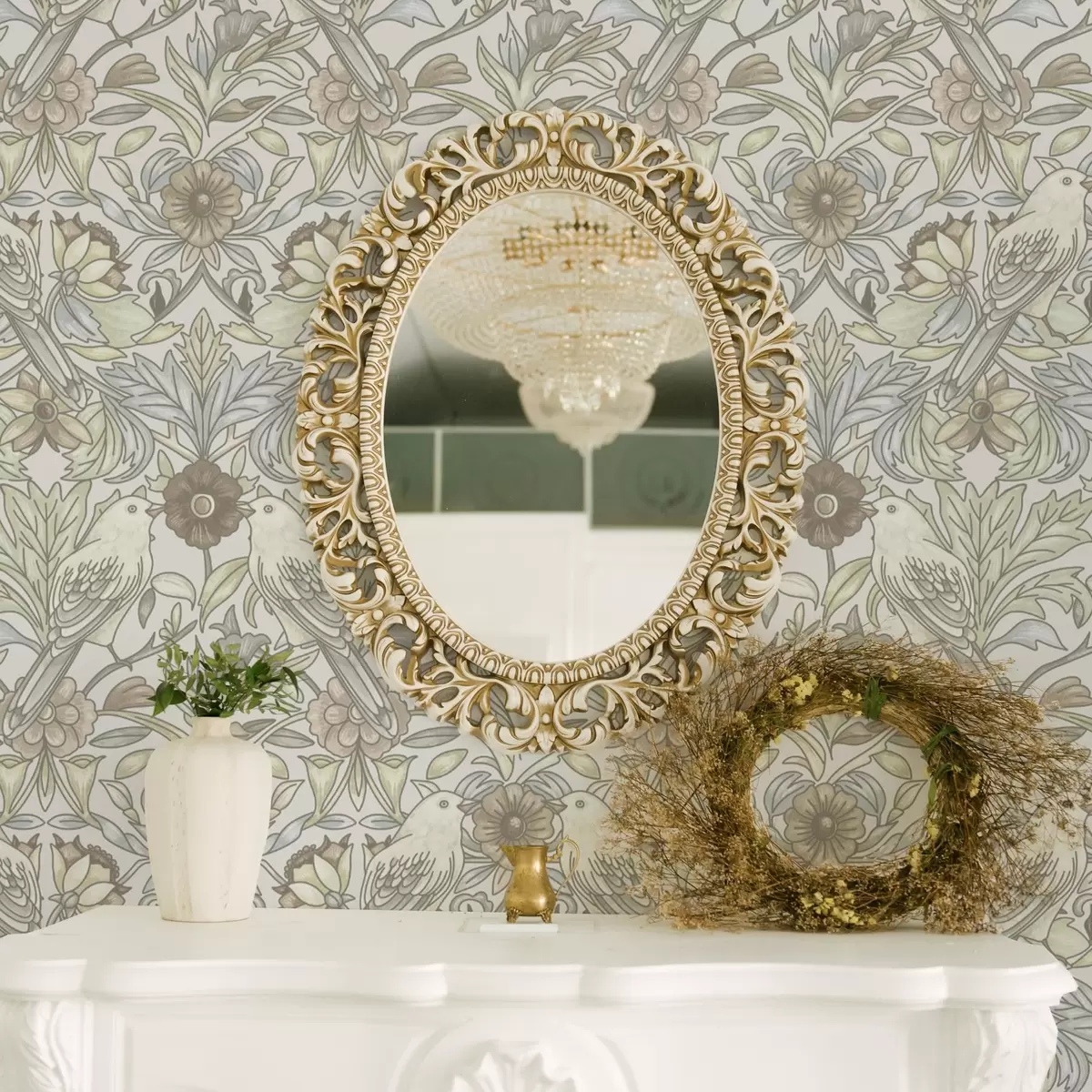 Papel de parede Pássaros Art Nouveau e flores estilizadas em pastel a00385