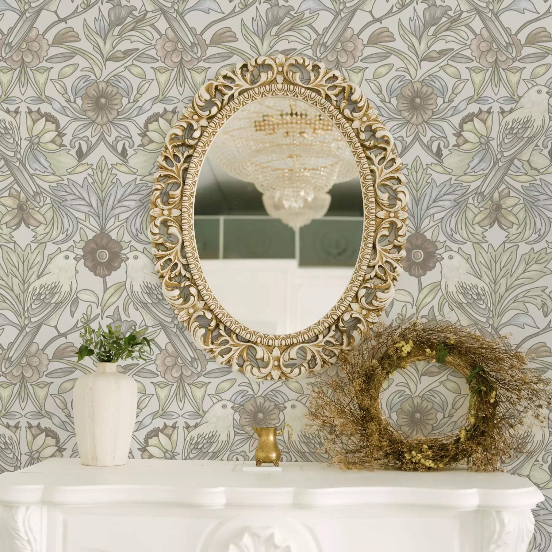 murais de parede Pássaros Art Nouveau e flores estilizadas em pastel a00385