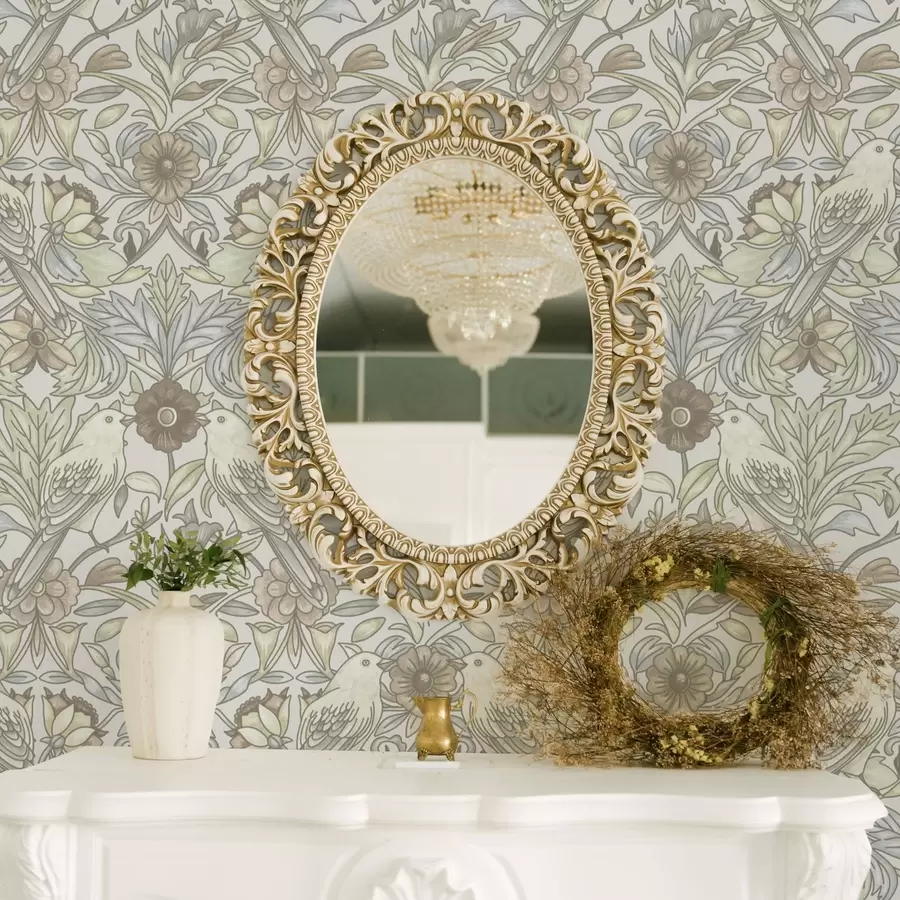 murais de parede Pássaros Art Nouveau e flores estilizadas em pastel a00385