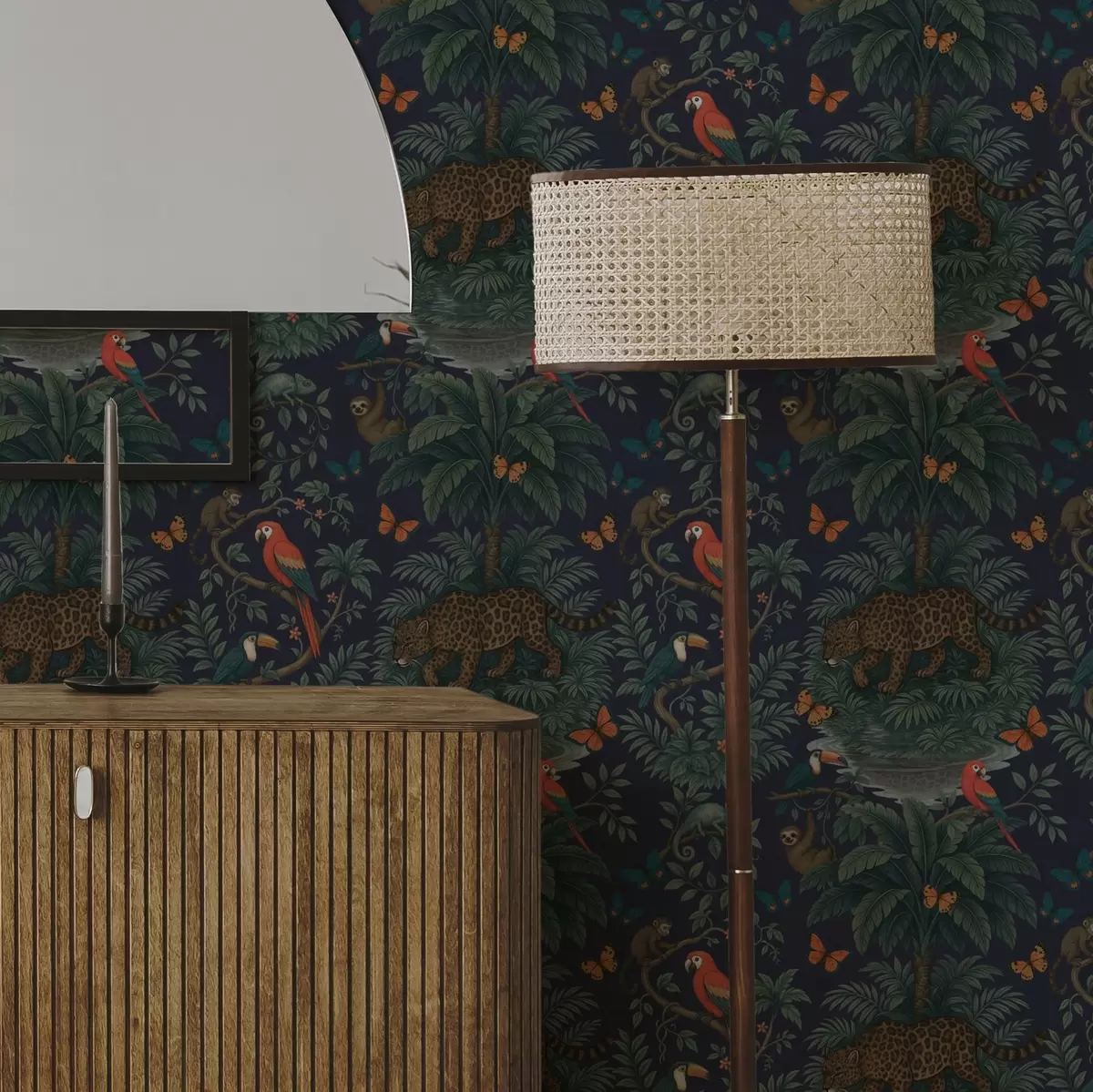 Papel de parede Selva tropical com leopardo, leopardo, papagaios e borboletas a00388