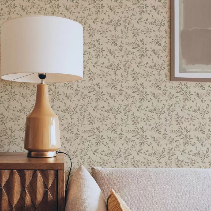 murais de parede Delicados ramos de flores em tons pastel sobre fundo bege a00390