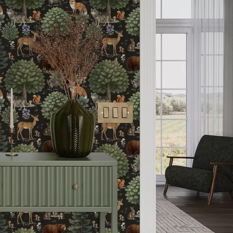 murais de parede Animais da floresta em aguarela com árvores e cogumelos a00391