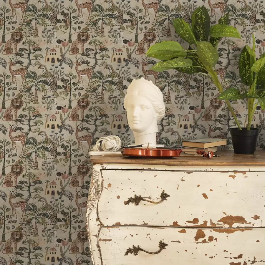 murais de parede Animais de safari e folhas da savana em tons quentes de terra a00392