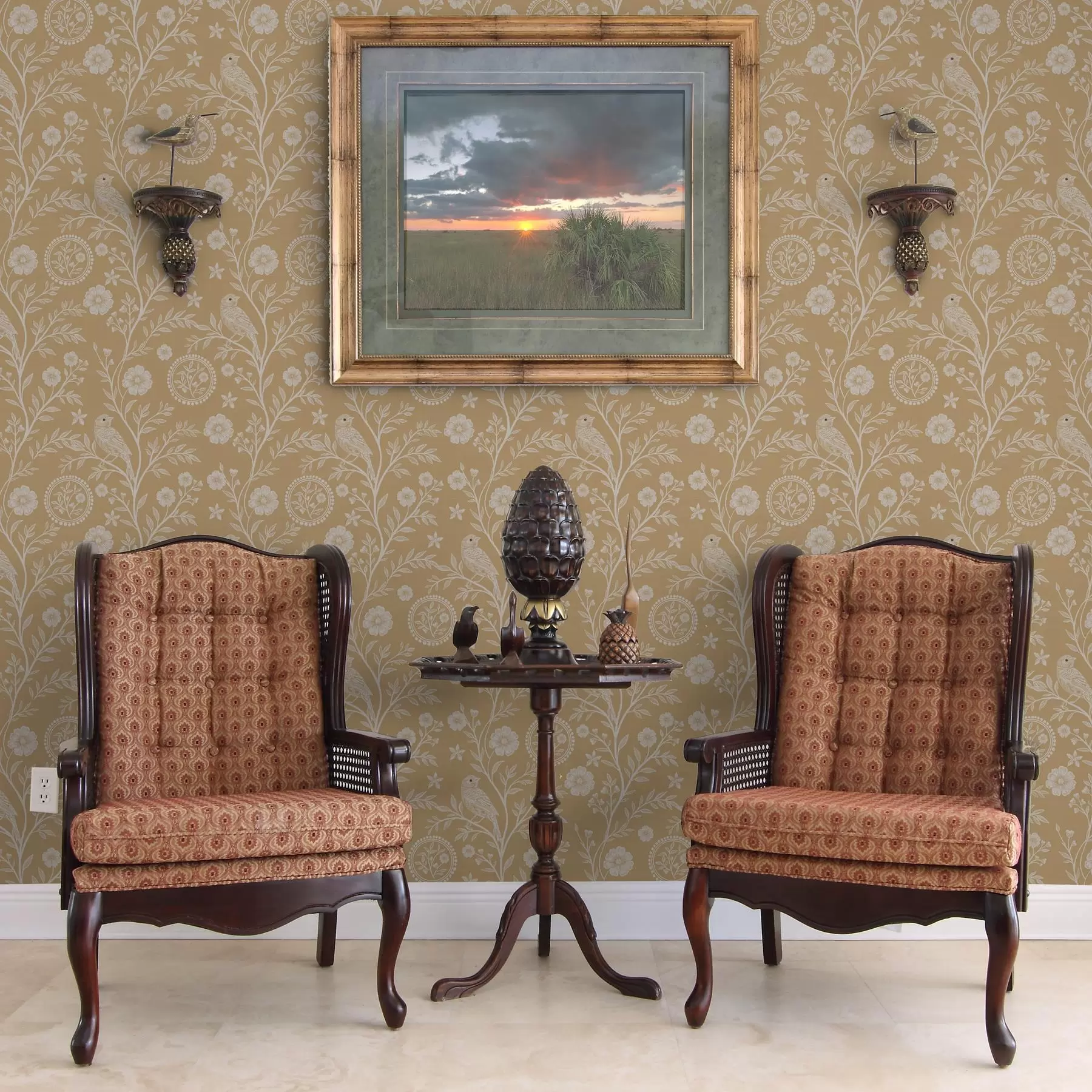 murais de parede Esboço delicado de um pássaro branco e de uma flor pássaro branco e flor sobre fundo ocre a00393