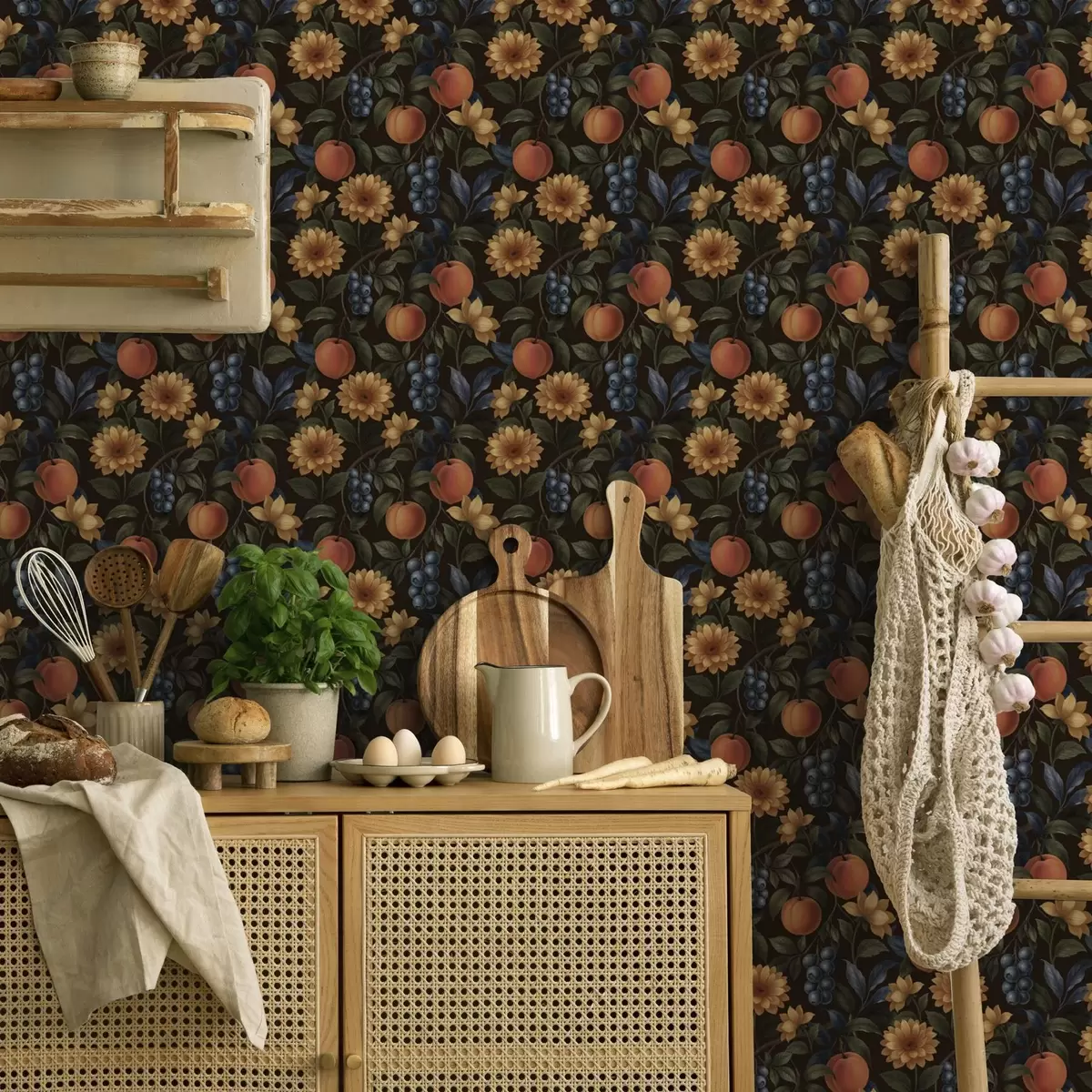 Papel de parede Frutas e flores amarelas sobre fundo botânico escuro a00395