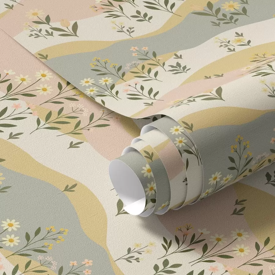 murais de parede Flores onduladas do prado em estilo minimalista pastel a00396