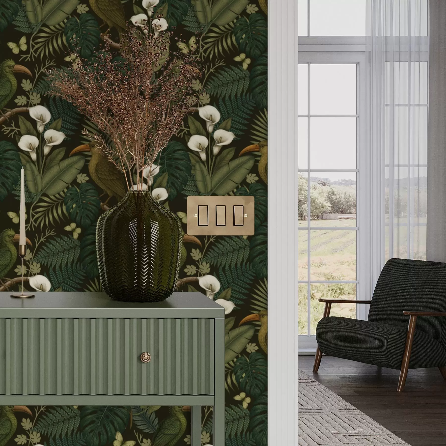 murais de parede Aves tropicais e vegetação luxuriante num fundo escuro de selva a00397