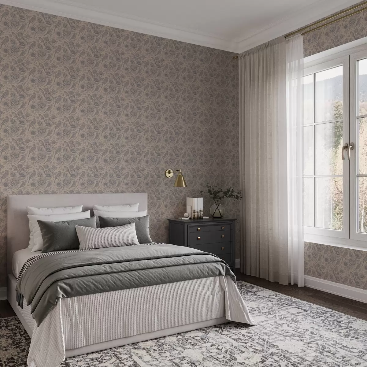 Papel de parede Pássaros e flores vintage sobre um fundo bege suave a00423