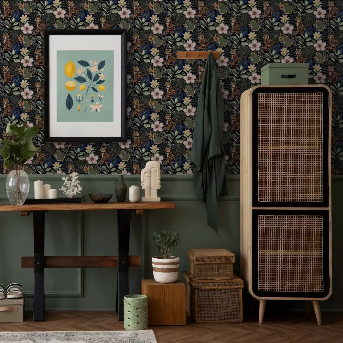 Papel de parede Tigres entre flores e folhas tropicais brilhantes a00426