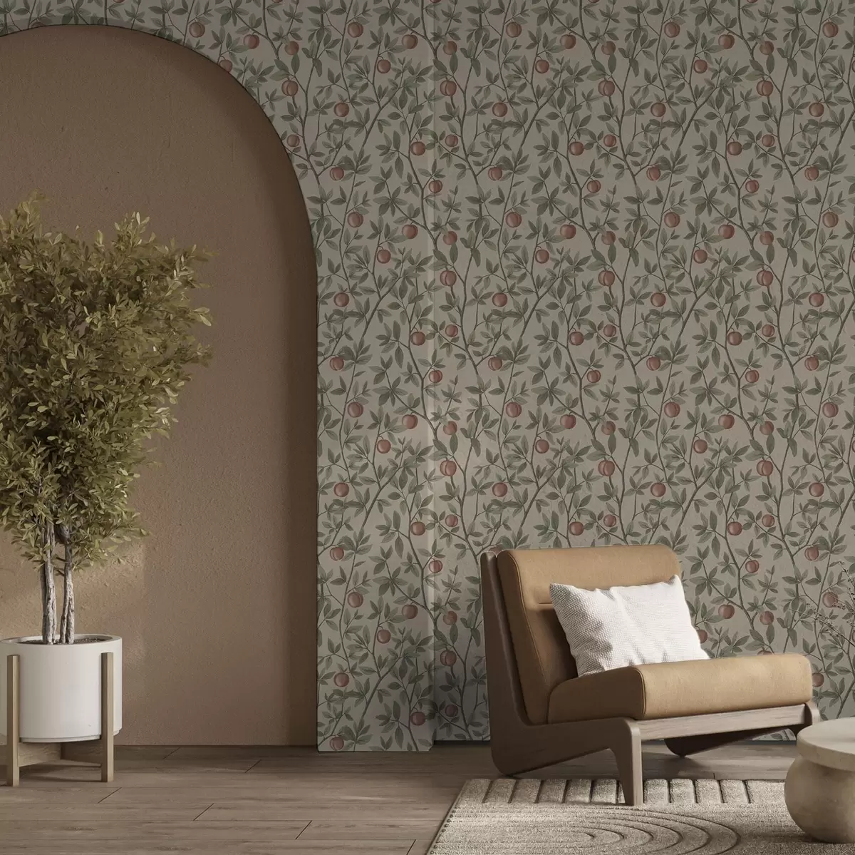 Papel de parede Pêssegos em ramos com folhas verdes sobre fundo bege a00429