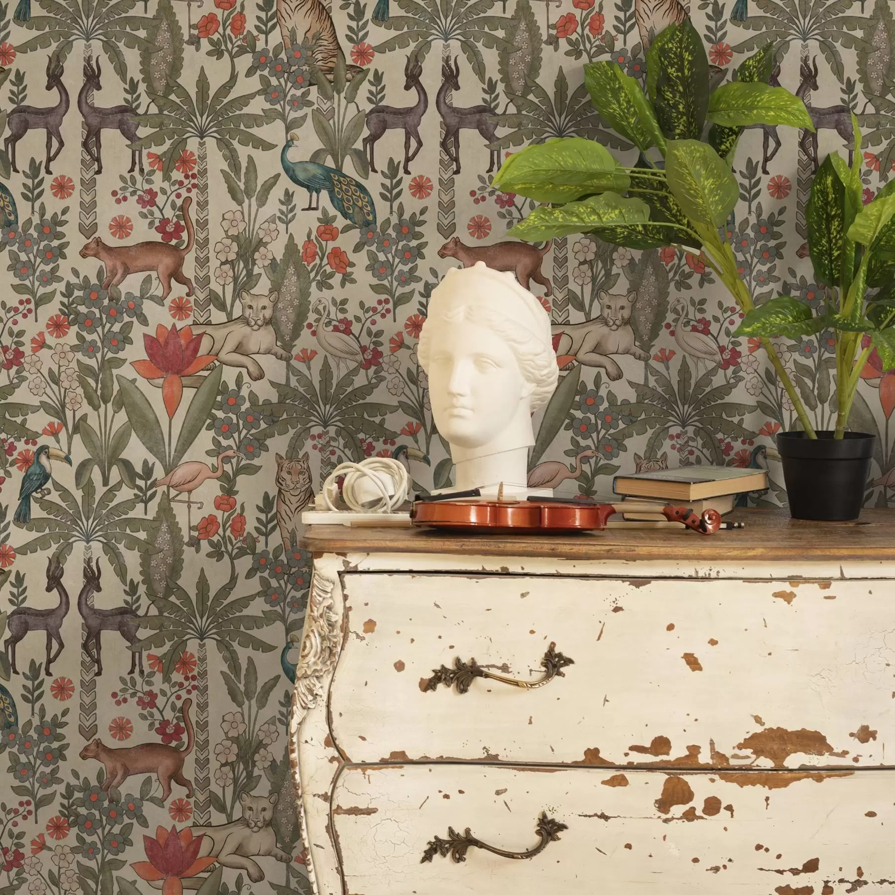 murais de parede Estilo retro: Animais e flores num fundo vintage a00431