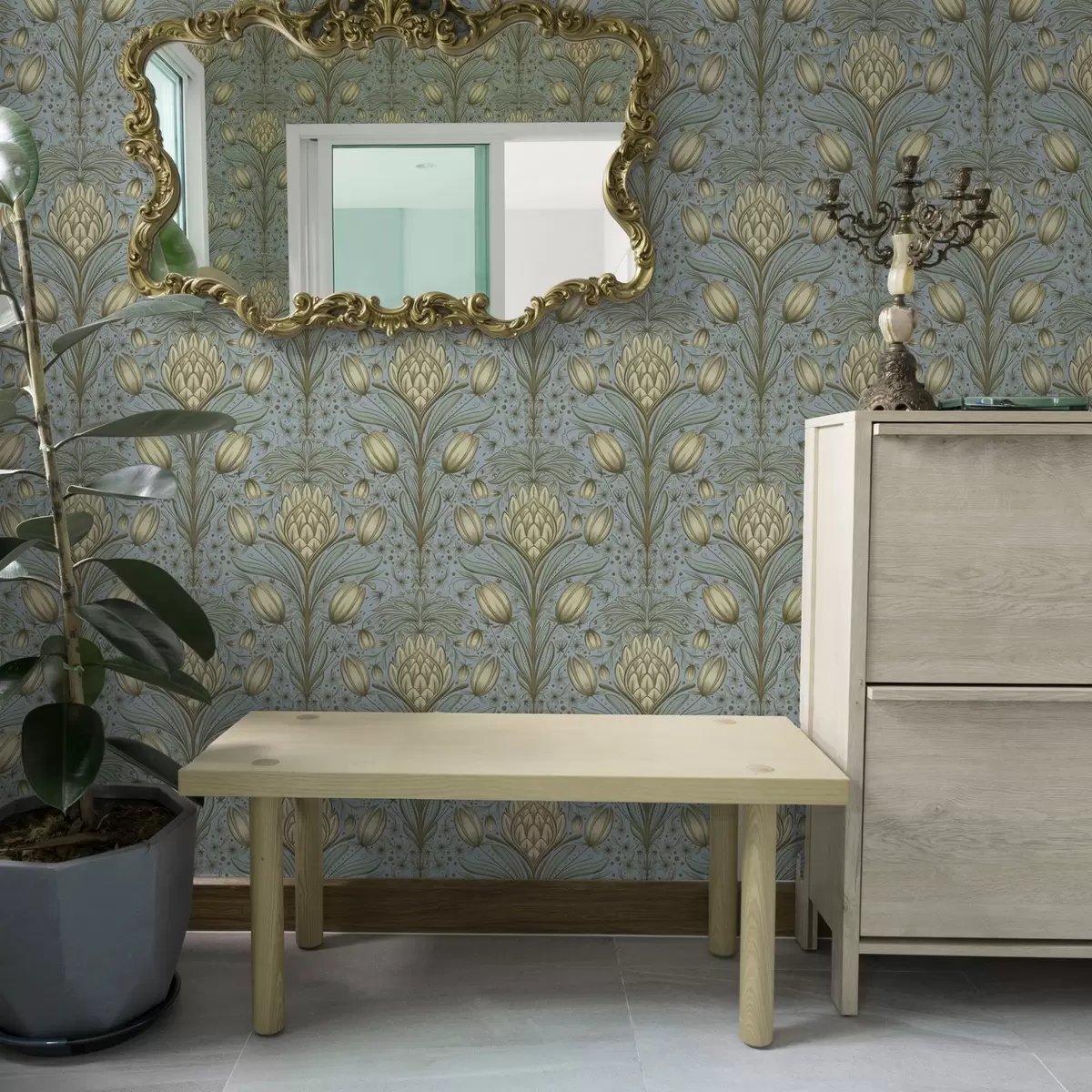 Papel de parede Padrão azul com alcachofras e tulipas a00435