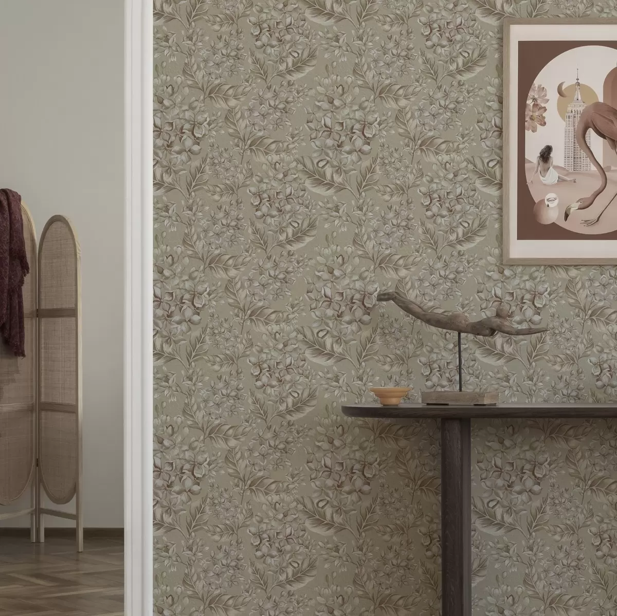 Papel de parede Ramos beges com flores brancas em tons quentes a00441