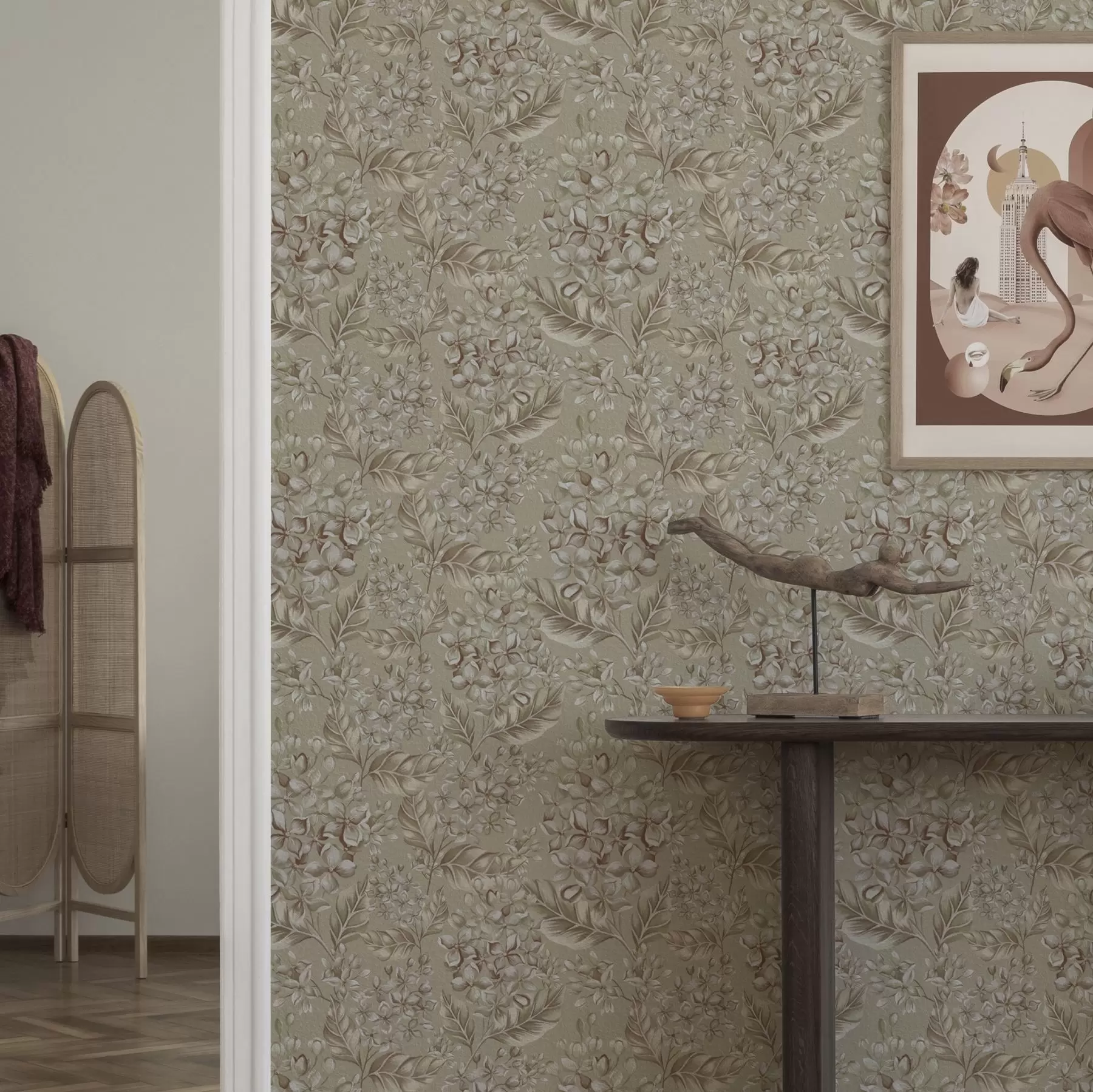 murais de parede Ramos beges com flores brancas em tons quentes a00441