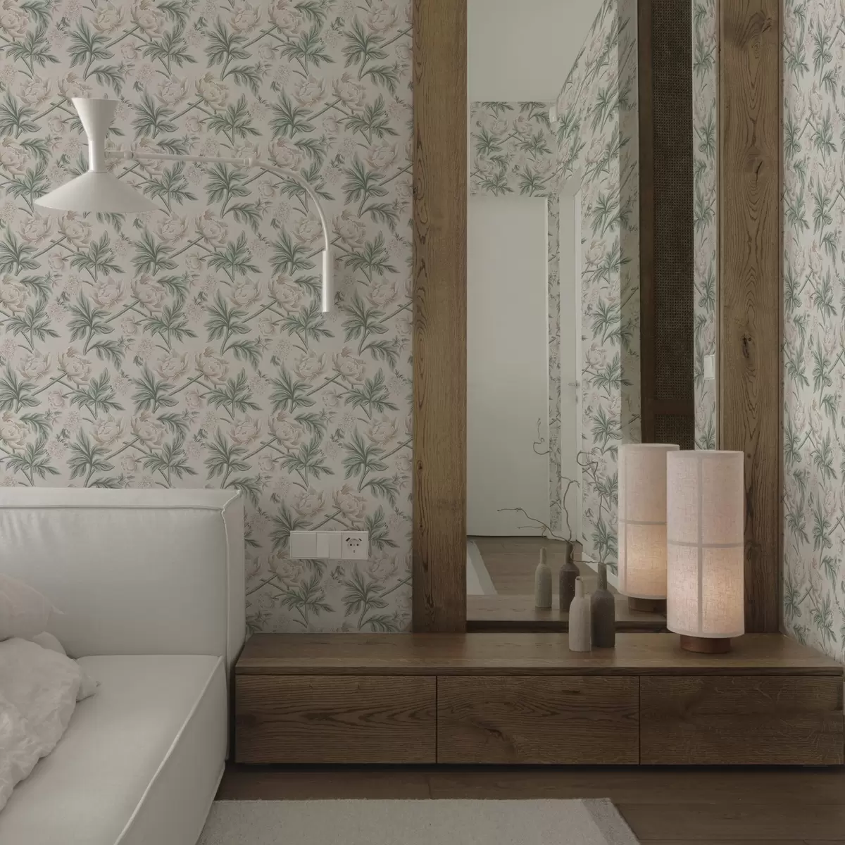 Papel de parede Peónias exuberantes em bege claro e verde bege e verde a00445