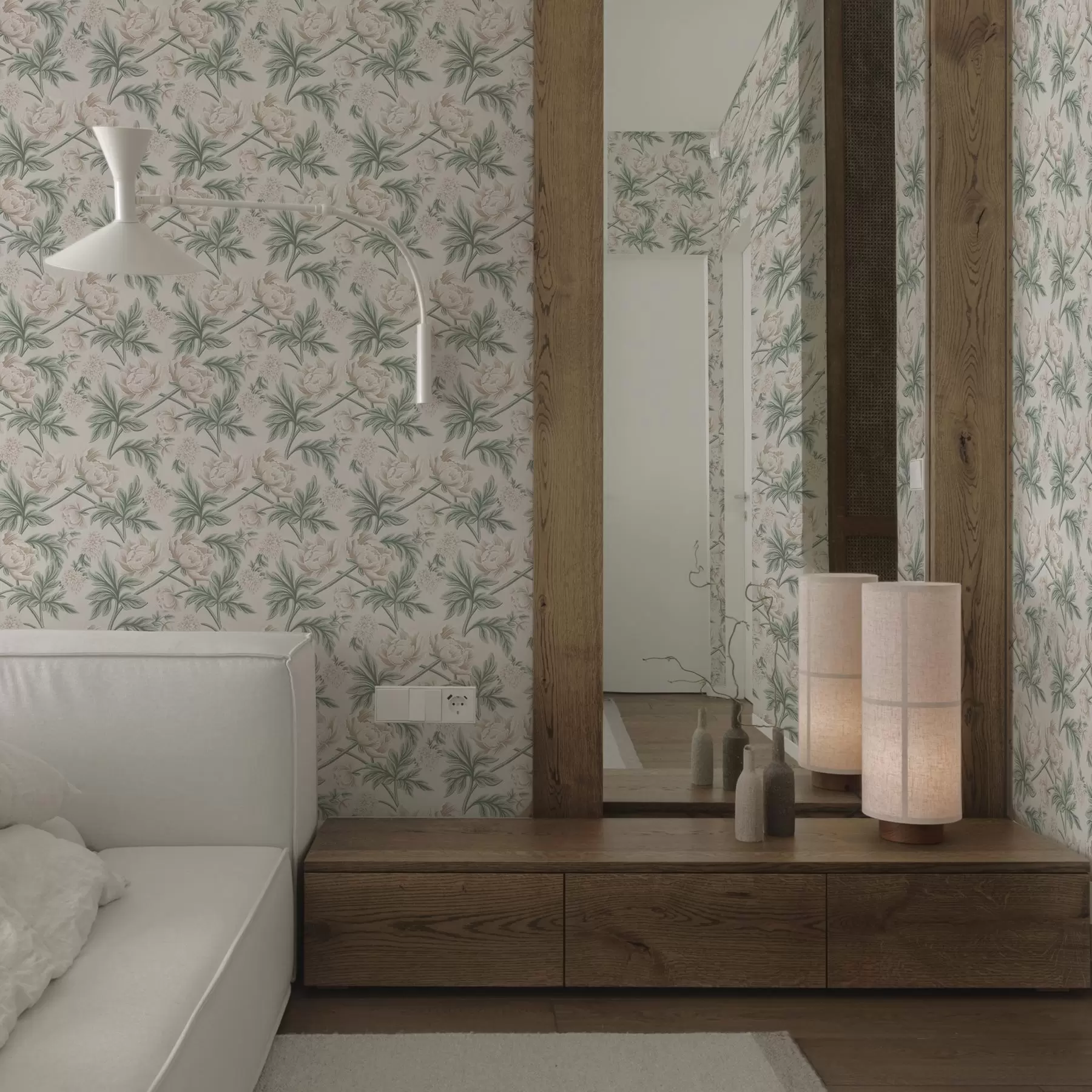 murais de parede Peónias exuberantes em bege claro e verde bege e verde a00445