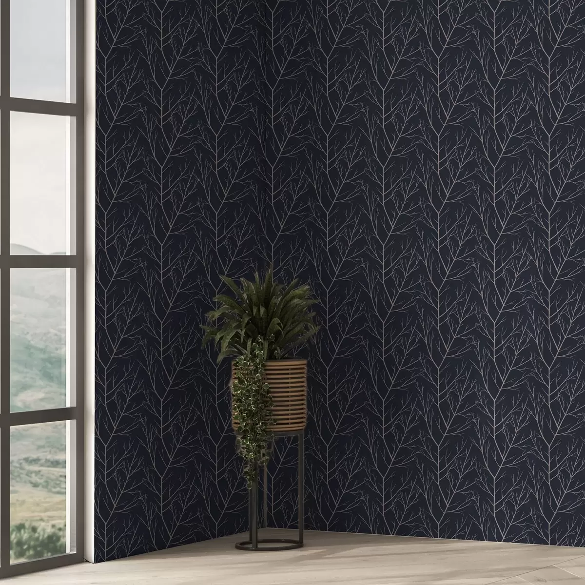 Papel de parede Ramos vermelhos suaves sobre um fundo azul-marinho profundo a00451