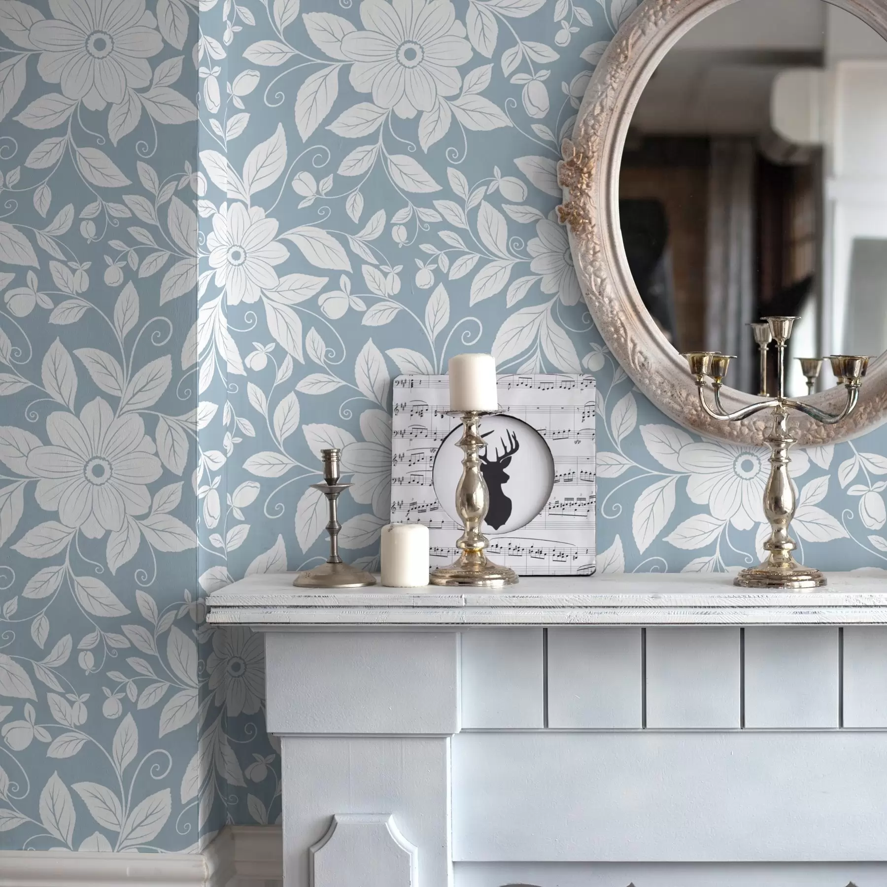 murais de parede Contorno floral branco sobre um fundo azul pastel a00452