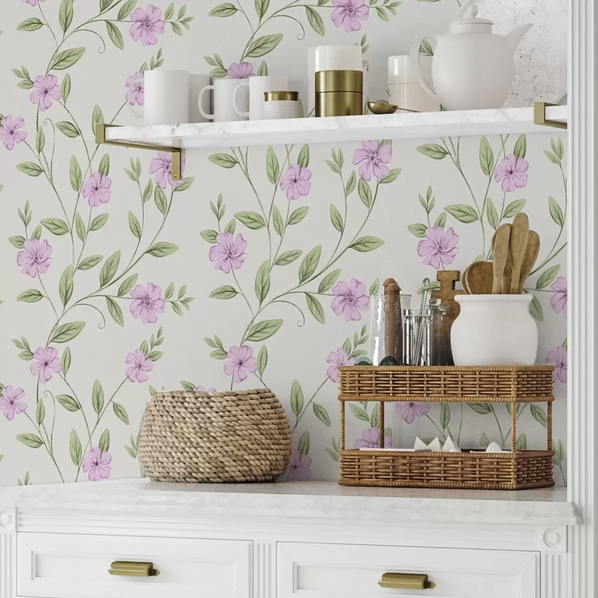 Papel de parede Flores cor-de-rosa com trepadeiras verdes sobre um fundo creme a00453