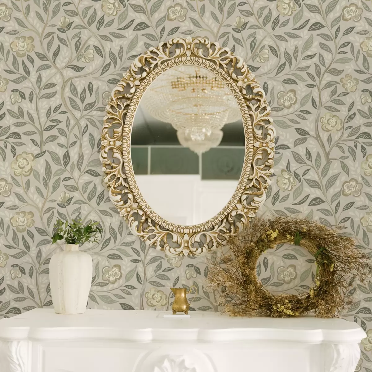 Papel de parede Rosas creme e folhas de oliveira sobre fundo cor-de-rosa empoeirado a00455