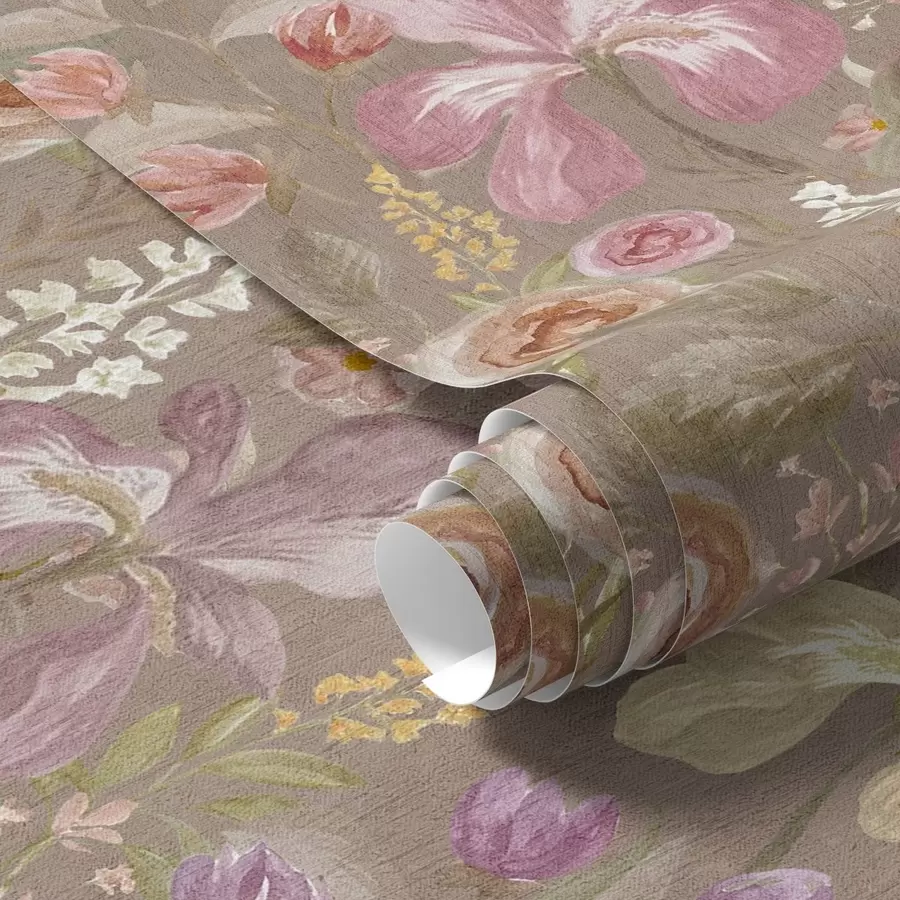 murais de parede Padrão vintage de flores de íris cor-de-rosa sobre fundo bege texturado a00457