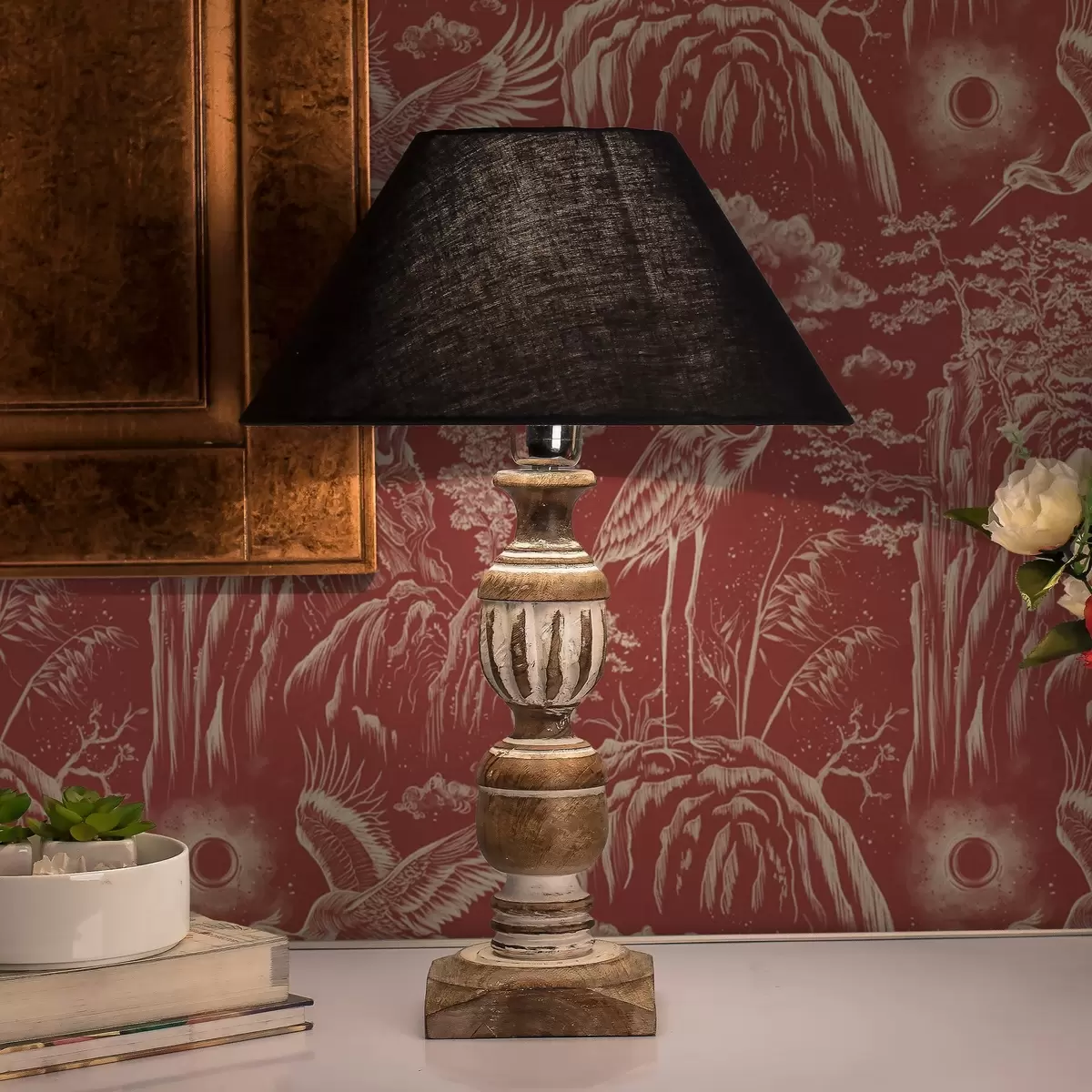 Papel de parede Garças, montanhas e nuvens ao estilo da gravura japonesa a00458