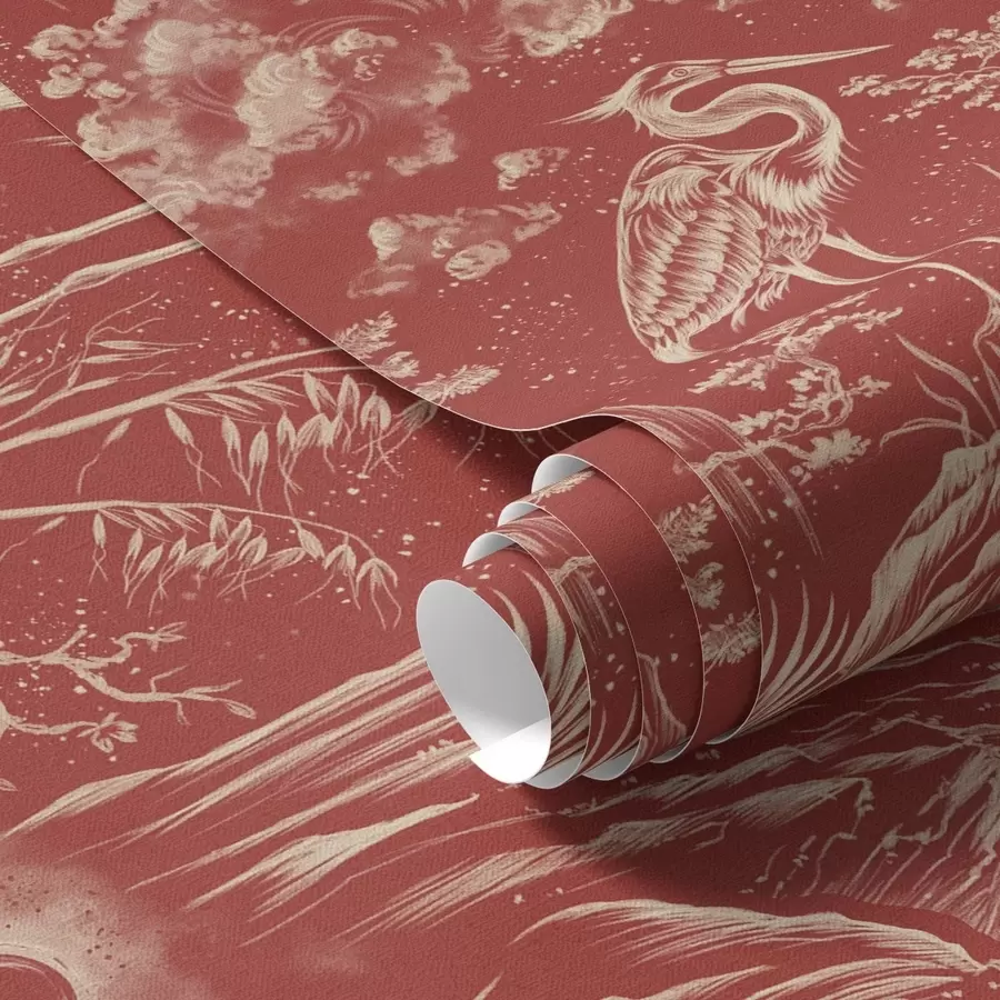 murais de parede Garças, montanhas e nuvens ao estilo da gravura japonesa a00458