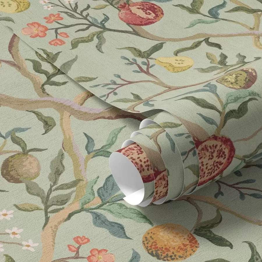 murais de parede Frutos de romã, pêras e flores sobre um fundo verde claro a00465